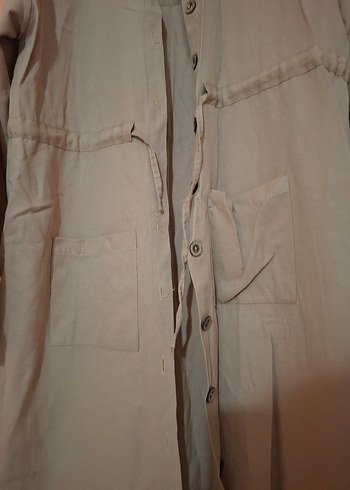 Düğmeli Bej Midi Keten Elbise - Görsel 5