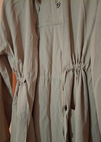 Düğmeli Bej Midi Keten Elbise - Görsel 3