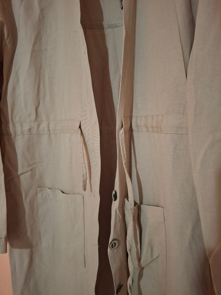 Düğmeli Bej Midi Keten Elbise - Görsel 2