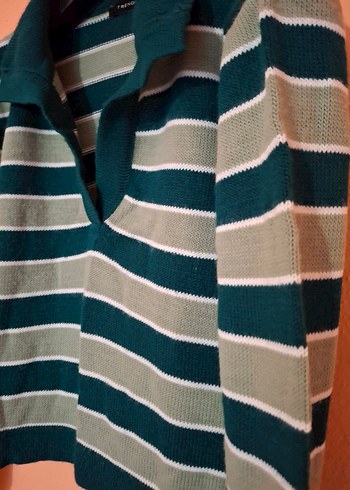 Çizgili Yeşil Kadın Triko Kazak - Görsel 3