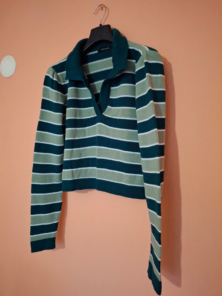 Çizgili Yeşil Kadın Triko Kazak - Görsel 2