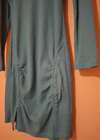 Uzun Kol, Yüksek Yakalı Turkuaz Kadın Elbise - Görsel 3