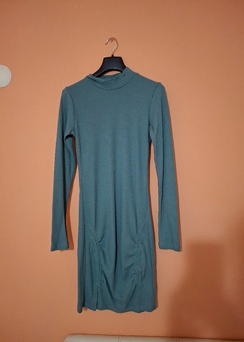 Uzun Kol, Yüksek Yakalı Turkuaz Kadın Elbise - Görsel 2