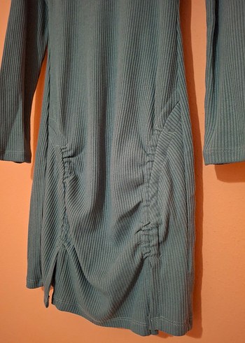 Uzun Kol, Yüksek Yakalı Turkuaz Kadın Elbise - Görsel 4