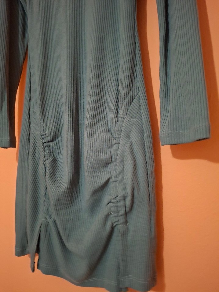 Uzun Kol, Yüksek Yakalı Turkuaz Kadın Elbise - Görsel 3