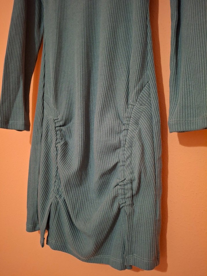 Uzun Kol, Yüksek Yakalı Turkuaz Kadın Elbise - Görsel 4