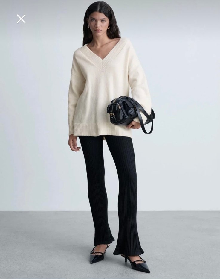 V Yaka Örgü Kadın Kazak - Görsel 2