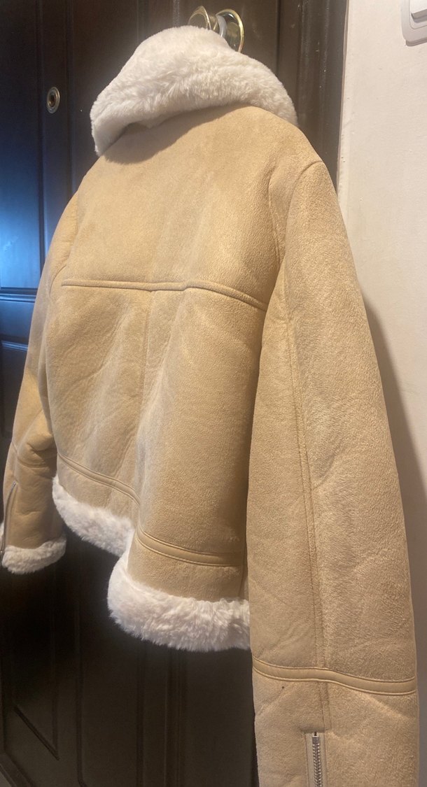 Bej Süet Kürklü Kadın Kışlık Ceket - Görsel 3