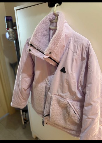 Pembe Kısa Adidas Peluş Kadın Kış Ceketi - Görsel 3