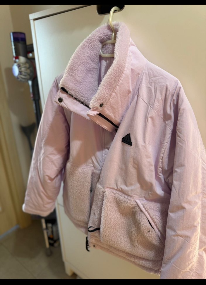 Pembe Kısa Adidas Peluş Kadın Kış Ceketi - Görsel 3
