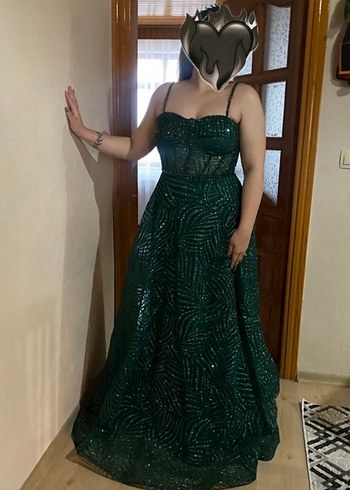 Simli zümrüt yeşili, Drapeli, askılı Kadın nişan, söz abiyesi - Görsel 3