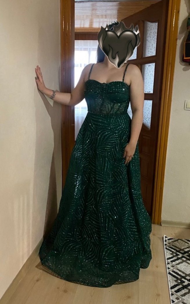 Simli zümrüt yeşili, Drapeli, askılı Kadın nişan, söz abiyesi - Görsel 3