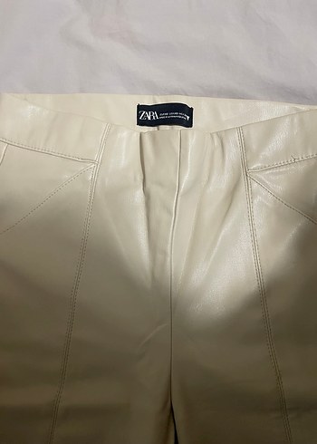 Bej Deri Kadın Dar Paça Pantolon paçası fermuarlı - Görsel 2