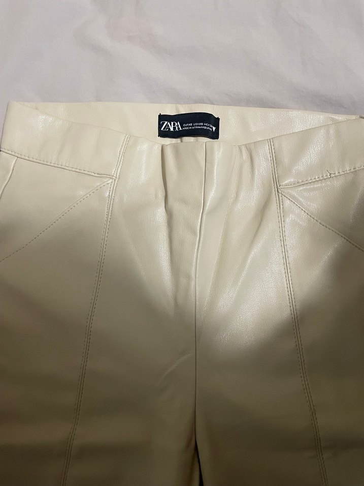 Bej Deri Kadın Dar Paça Pantolon paçası fermuarlı - Görsel 2