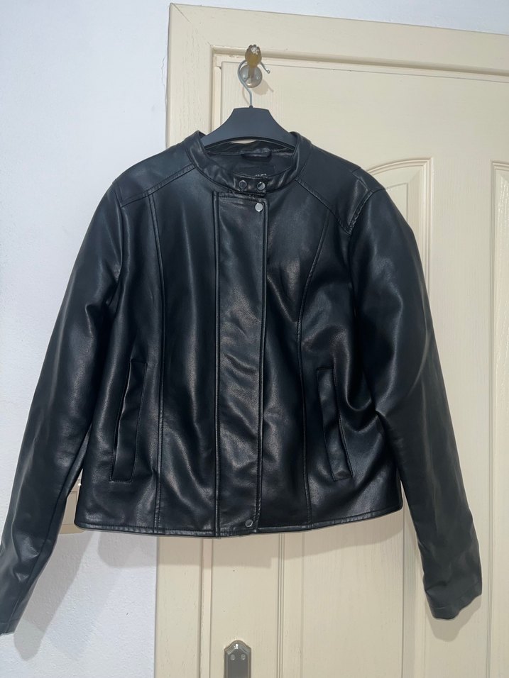 Kadın Siyah Deri Kemerli Biker Ceket - Görsel 4