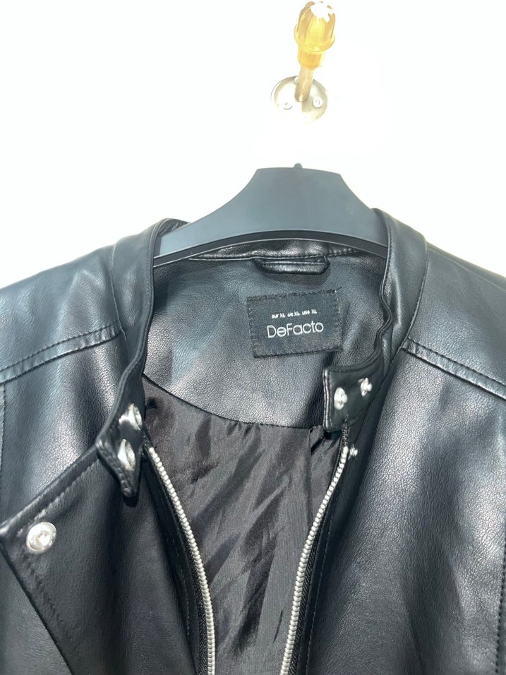 Kadın Siyah Deri Kemerli Biker Ceket - Görsel 5