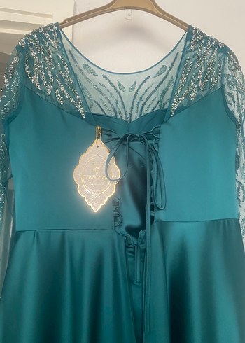 Turkuaz İşlemeli Uzun Abiye Elbise - Görsel 4