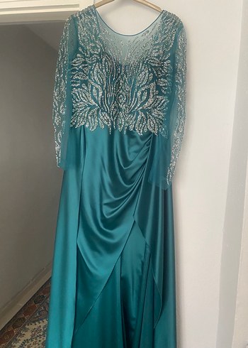 Turkuaz İşlemeli Uzun Abiye Elbise - Görsel 8