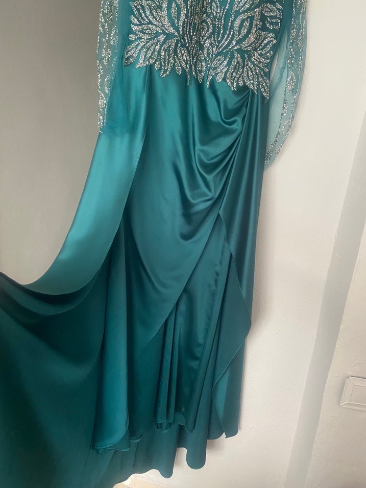 Turkuaz İşlemeli Uzun Abiye Elbise - Görsel 3