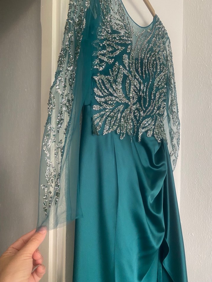 Turkuaz İşlemeli Uzun Abiye Elbise - Görsel 2