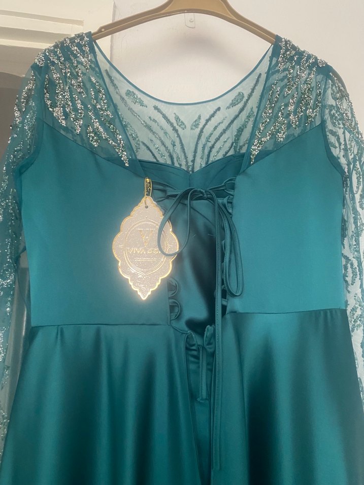 Turkuaz İşlemeli Uzun Abiye Elbise - Görsel 4