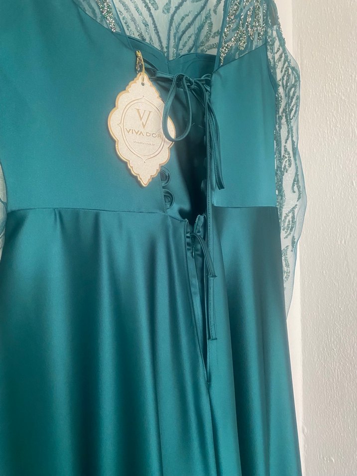 Turkuaz İşlemeli Uzun Abiye Elbise - Görsel 5