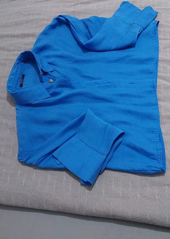 Mavi Kadın Keten Gömlek Uzun Kollu - Görsel 3