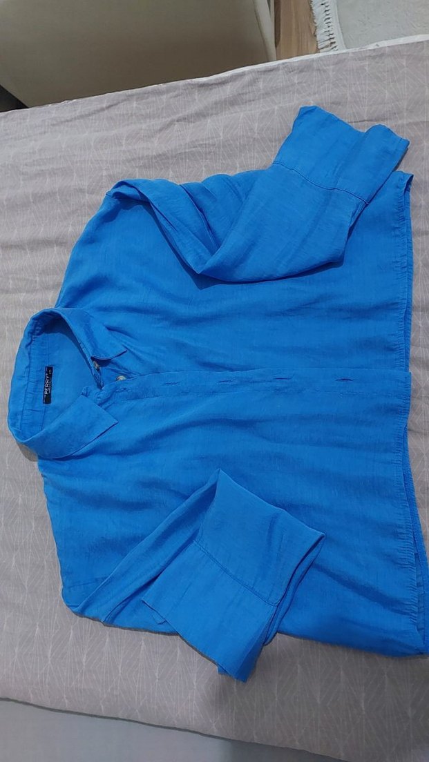 Mavi Kadın Keten Gömlek Uzun Kollu - Görsel 2