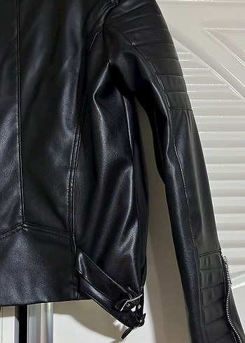 Kadın Siyah Deri Biker Ceket - Görsel 4