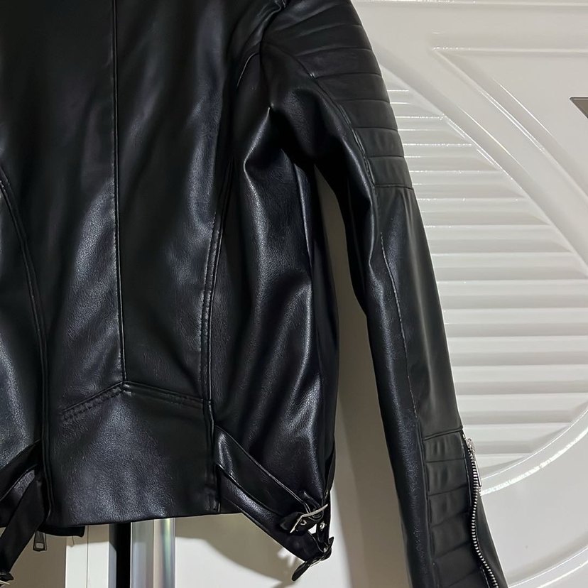 Kadın Siyah Deri Biker Ceket - Görsel 4