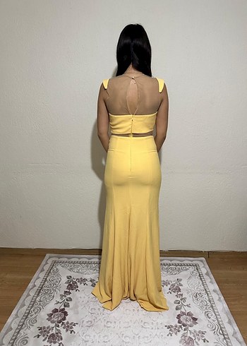 Sarı Uzun Abiye Elbise, Kolsuz, Dökümlü - Görsel 4