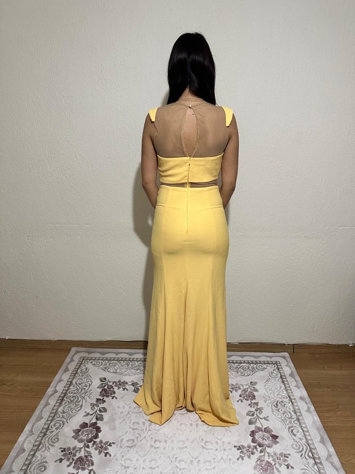 Sarı Uzun Abiye Elbise, Kolsuz, Dökümlü - Görsel 4
