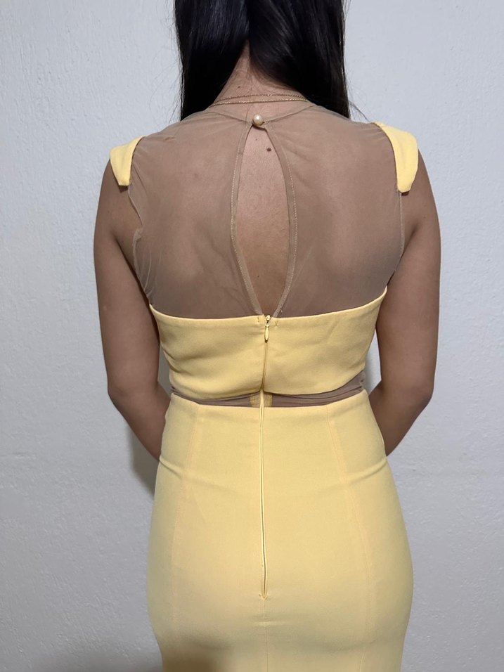 Sarı Uzun Abiye Elbise, Kolsuz, Dökümlü - Görsel 5