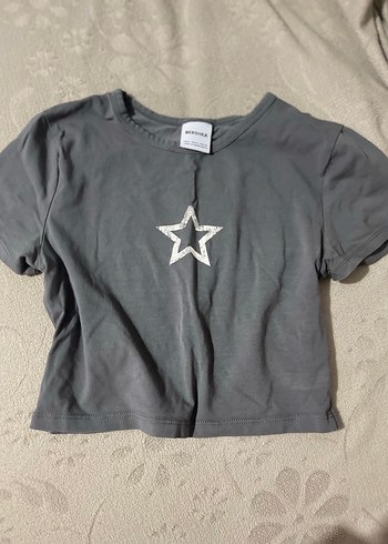 Gri Kısa Kollu Kız Tişörtü Yıldız Baskılı - Görsel 2