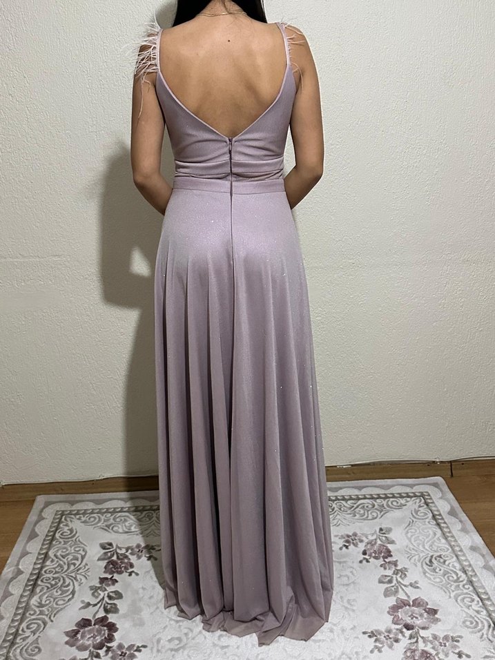 Kadın Uzun V Yaka Drapeli Abiye Elbise - Görsel 5