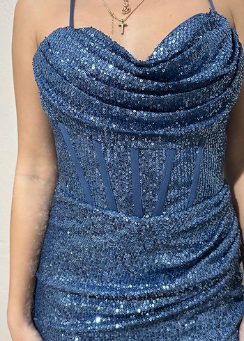 Parlak Lacivert Yılan Desenli Uzun Abiye Elbise - Görsel 4