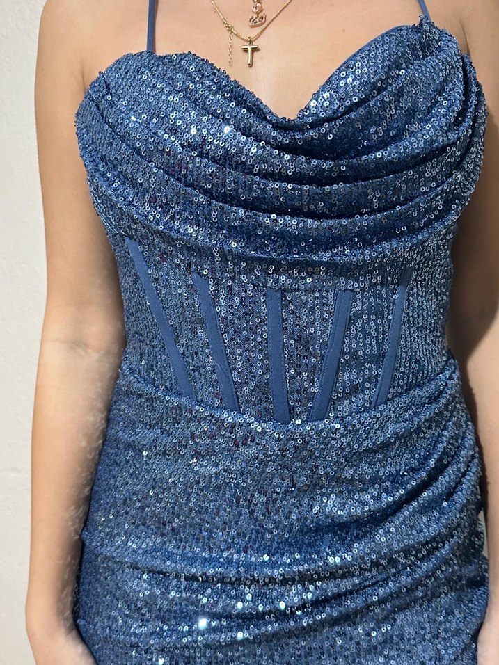 Parlak Lacivert Yılan Desenli Uzun Abiye Elbise - Görsel 4