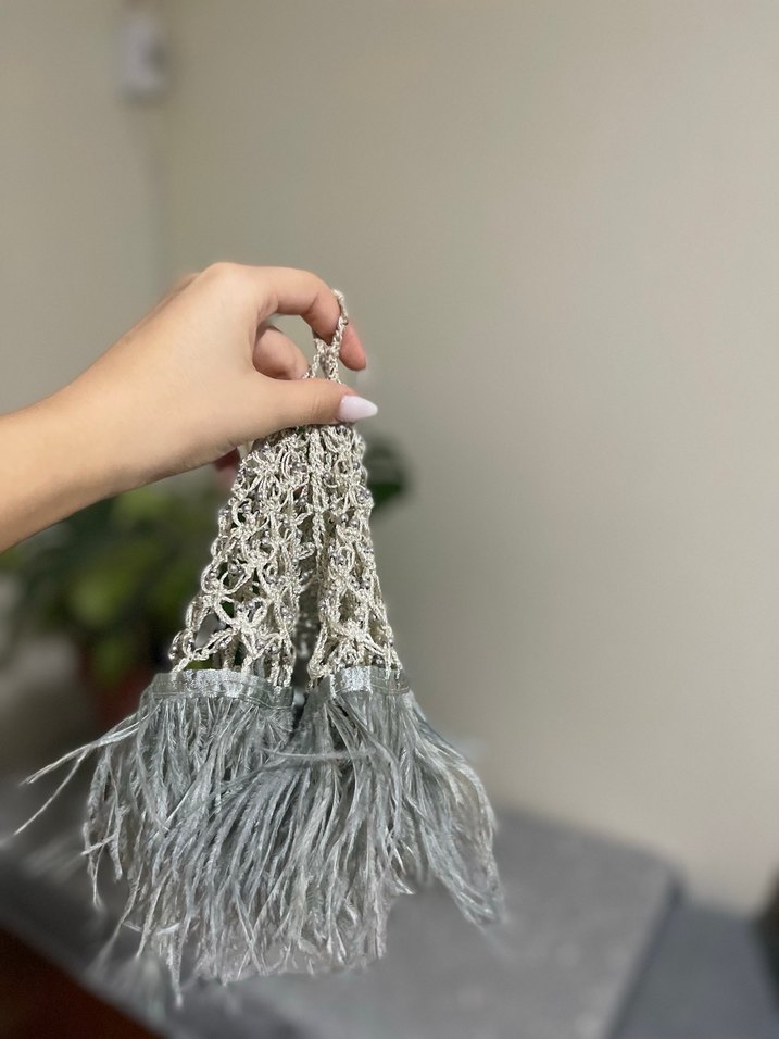 Gri Bohem Püsküllü Örgü Mendil - Görsel 2