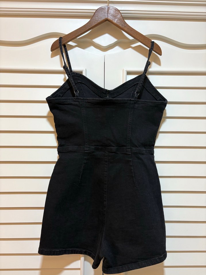 Siyah Kısa Askılı Denim Şort Tulum - Görsel 3