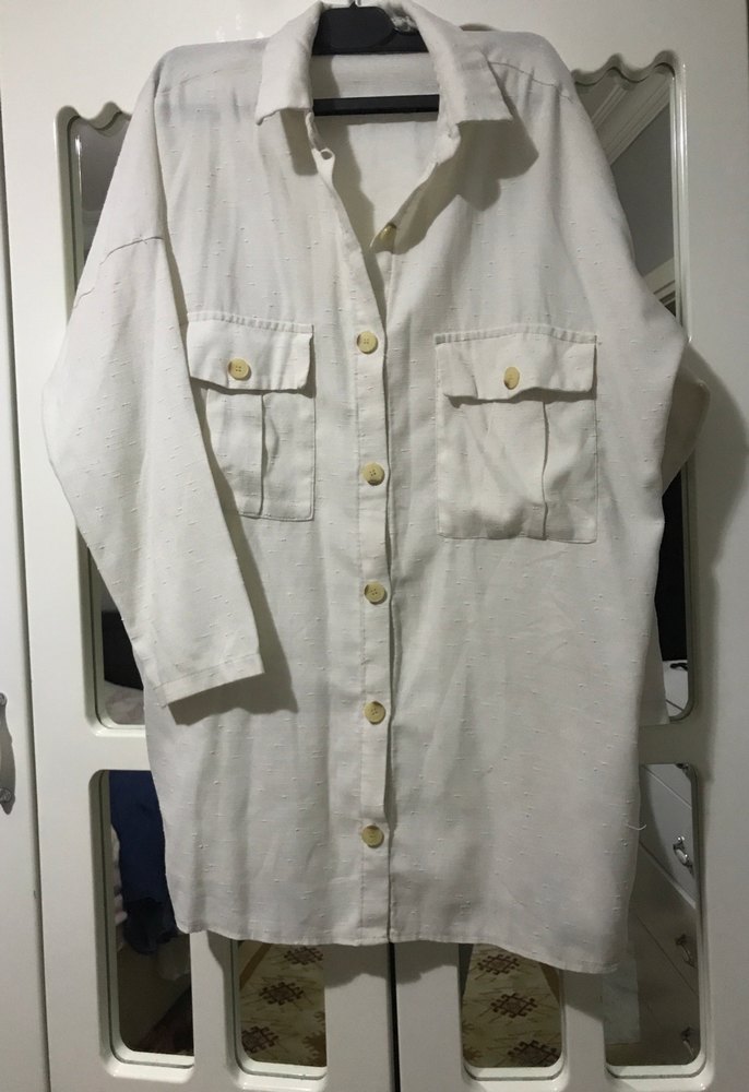 Düğmeli Beyaz Pamuk Midi Gömlek - Görsel 2