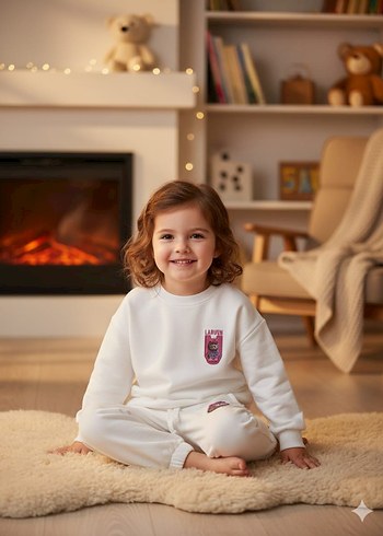 Kız Çocuk Beyaz Nakışlı Sweatshirt ve Eşofman - Görsel 2