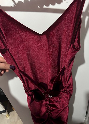 Bordo V Yaka Drapeli Midi Elbise - Görsel 3