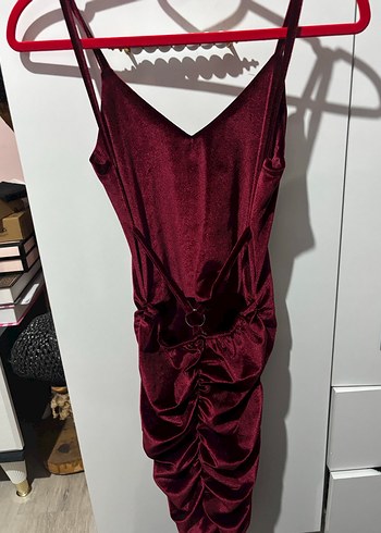 Bordo V Yaka Drapeli Midi Elbise - Görsel 2