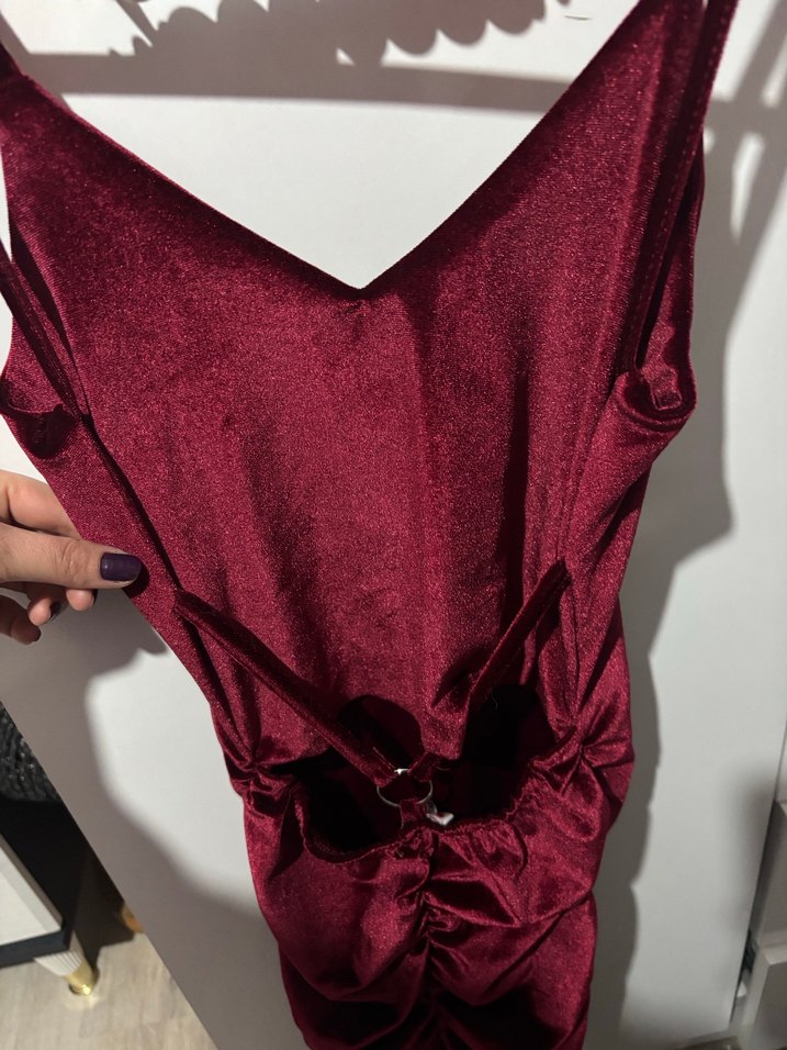 Bordo V Yaka Drapeli Midi Elbise - Görsel 3