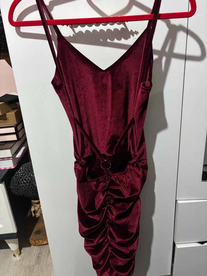 Bordo V Yaka Drapeli Midi Elbise - Görsel 2