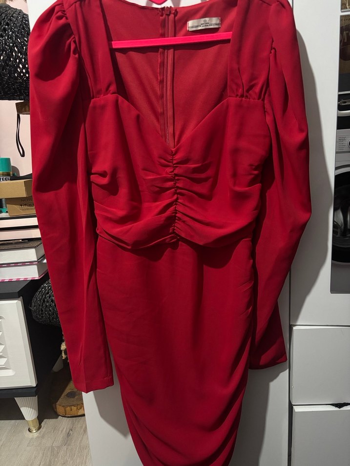 Kırmızı V Yakalı Drapeli Midi Elbise - Görsel 3