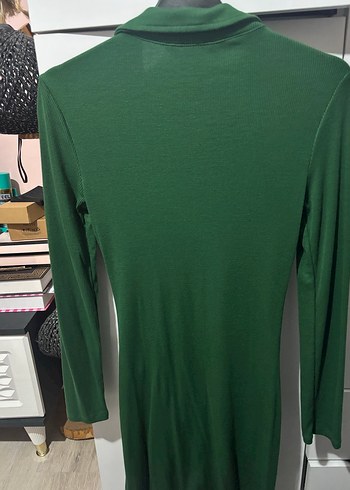 Düğmeli V Yaka Uzun Kollu Yeşil Elbise - Görsel 3