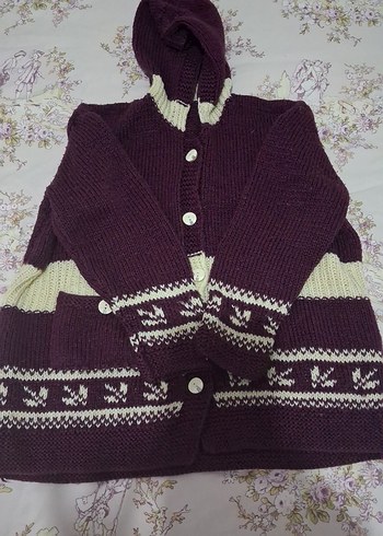 Bordo Kapüşonlu Örgü Kız Hırka - Görsel 3