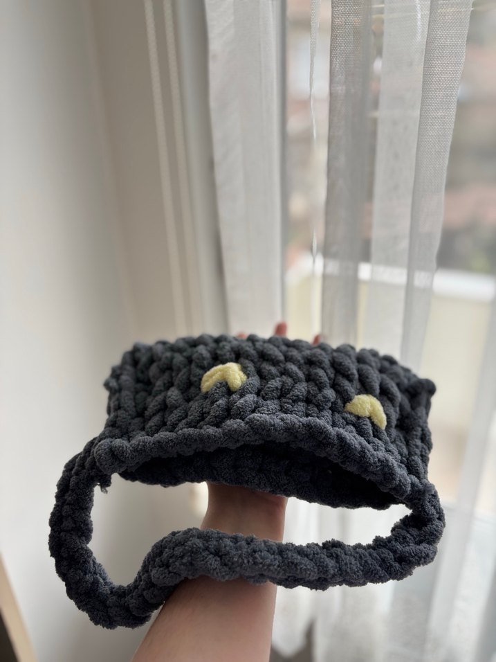 Puffy nakışlı Gri Örgü Kadın Çanta - Görsel 3