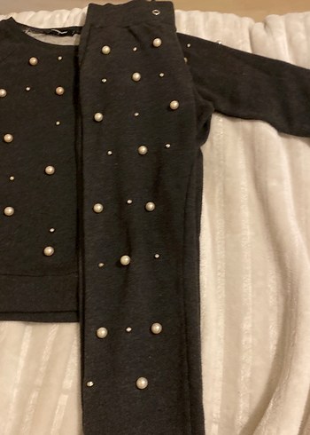 İnci Detaylı Gri Kız eşofman sweatshirt Takım - Görsel 2